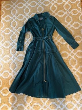 Anthropologie Green Long-Sleeve Belted Zip-Front Dress